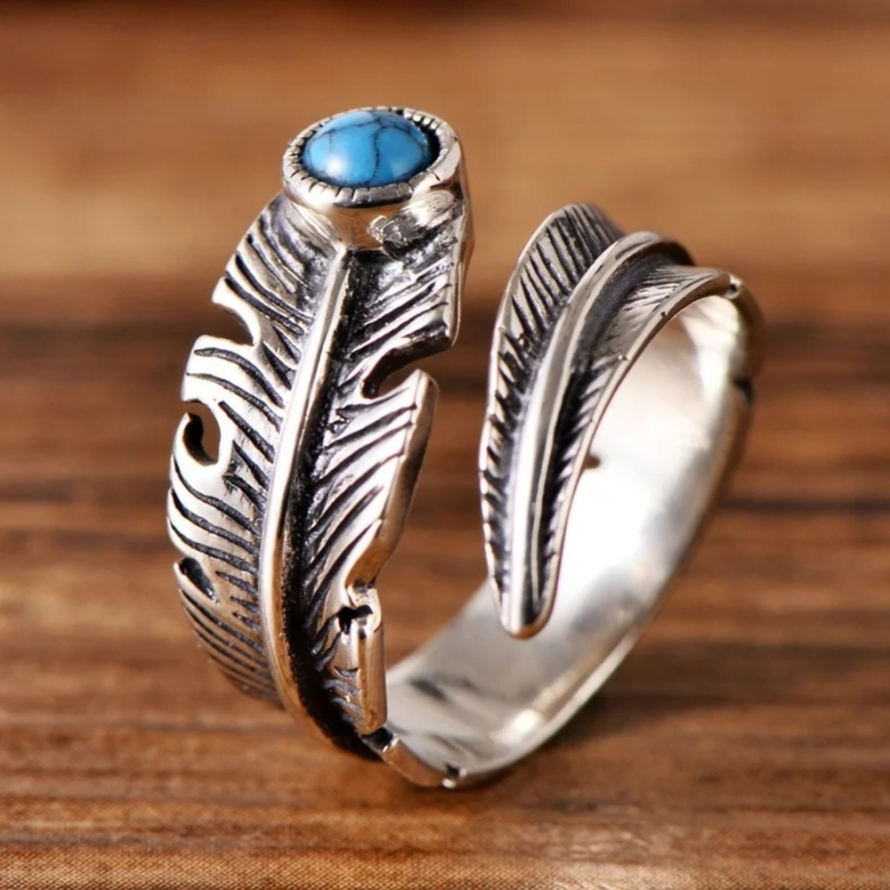 LAST! NEW 925 Sterling Silver Feather Turquoise Ring | Adjustable Size - Picture 11 of 16